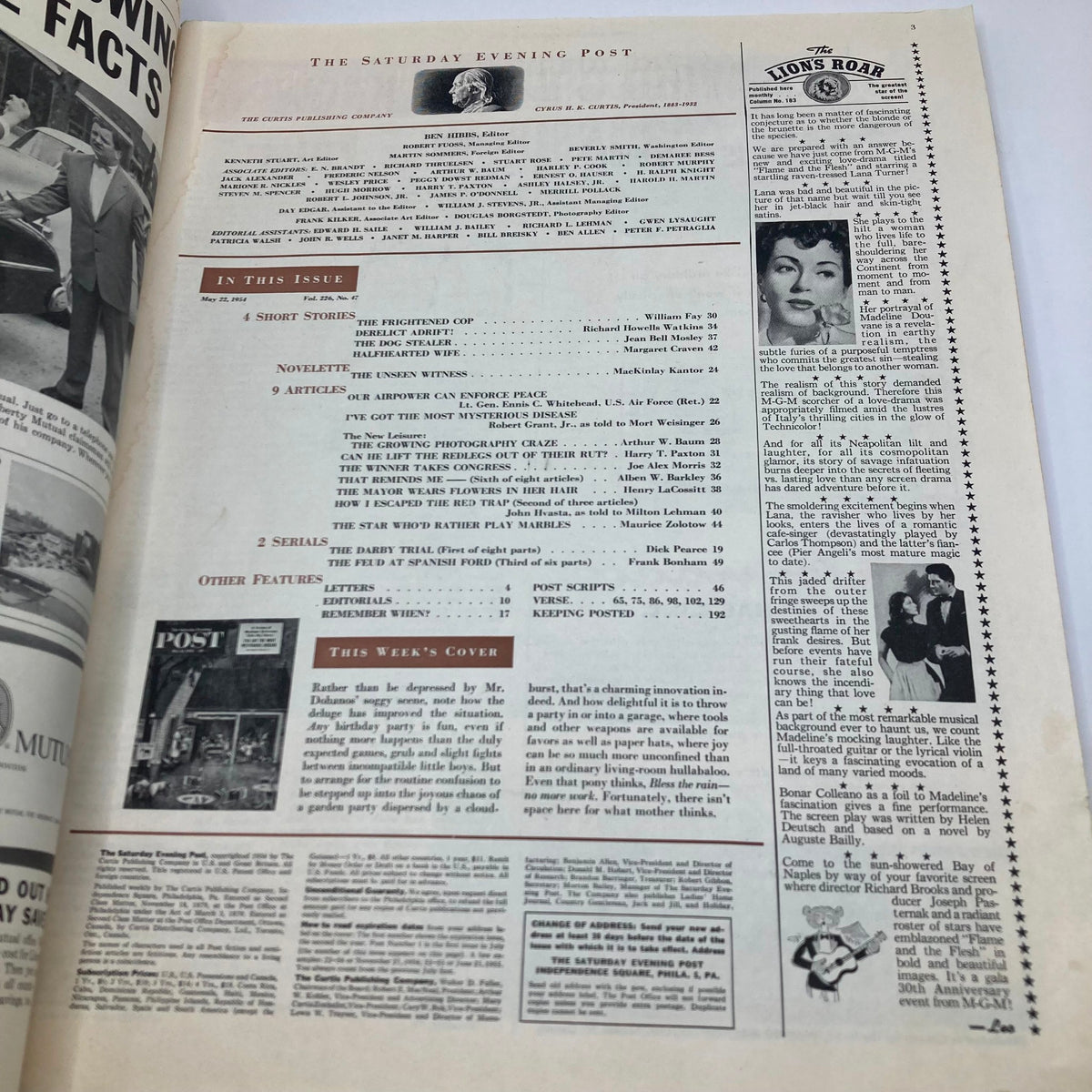 Interior page of the Saturday Evening Post Magazine May 22, 1954, showcasing the table of contents and features of the magazine including articles and short stories.