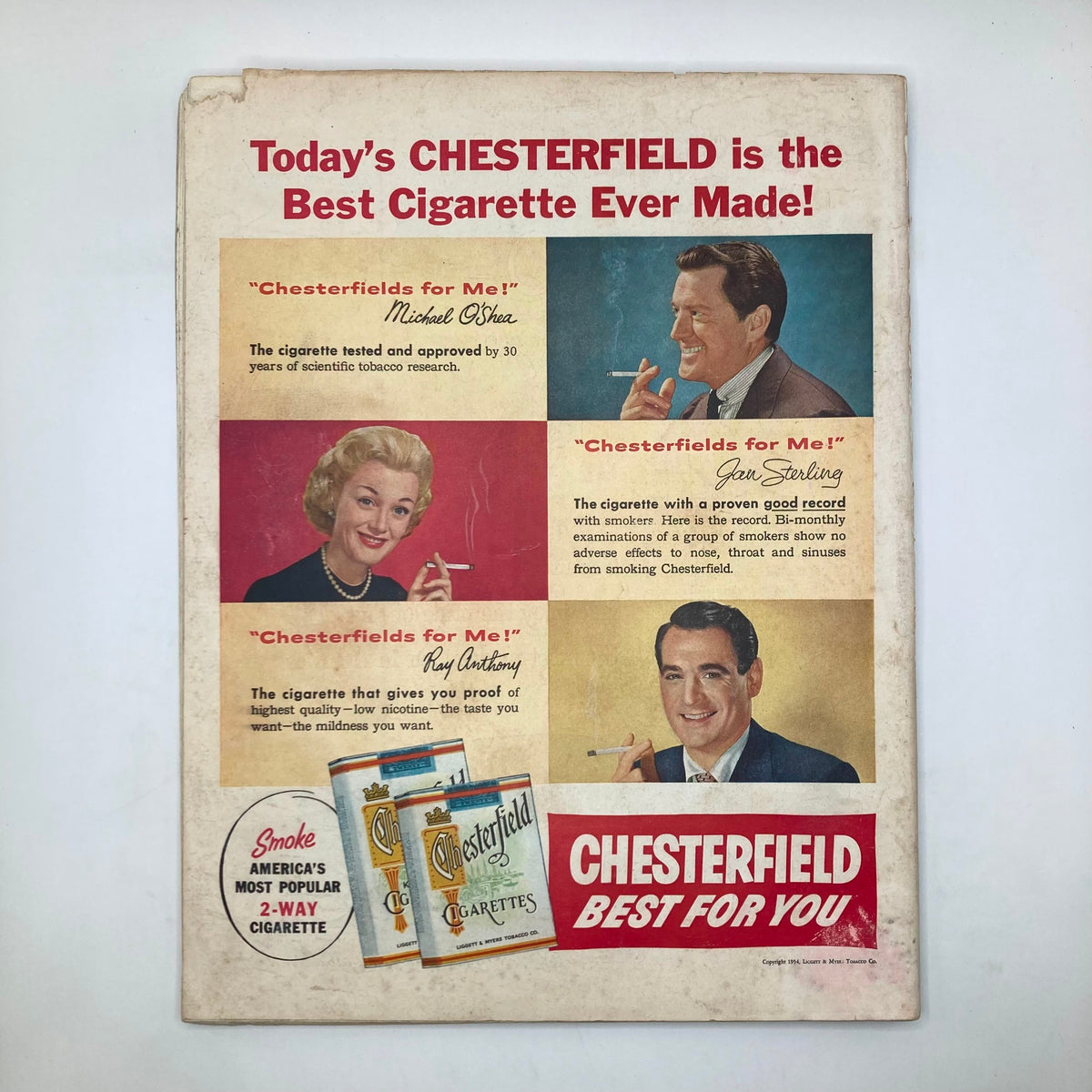 Vintage advertisement for Chesterfield cigarettes featured in the Saturday Evening Post Magazine May 22, 1954, promoting the brand with celebrity endorsements.