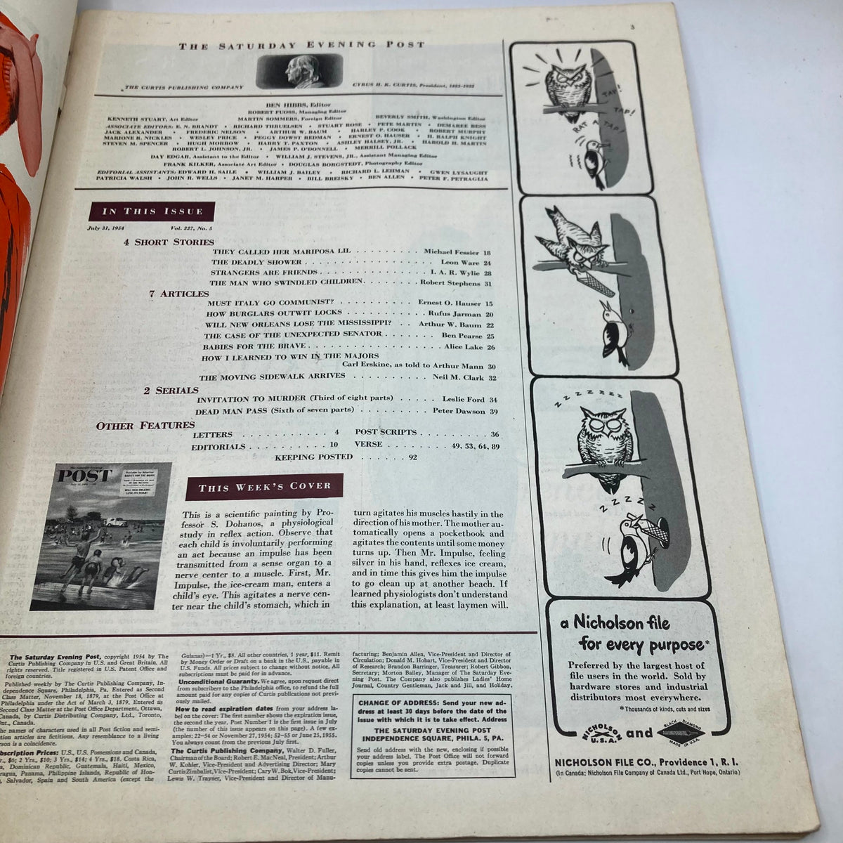 Inside page of the Saturday Evening Post Magazine from July 31, 1954, showcasing a list of contents and featured articles alongside illustrations.