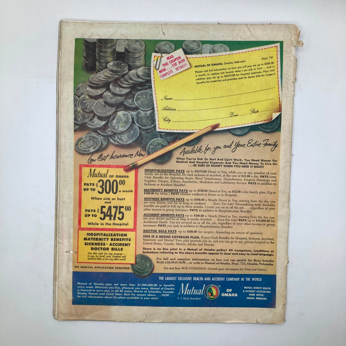 Back cover of the Saturday Evening Post Magazine January 2 1954, featuring an advertisement for Mutual of Omaha insurance with images of coins and text detailing health and hospitalization benefits.