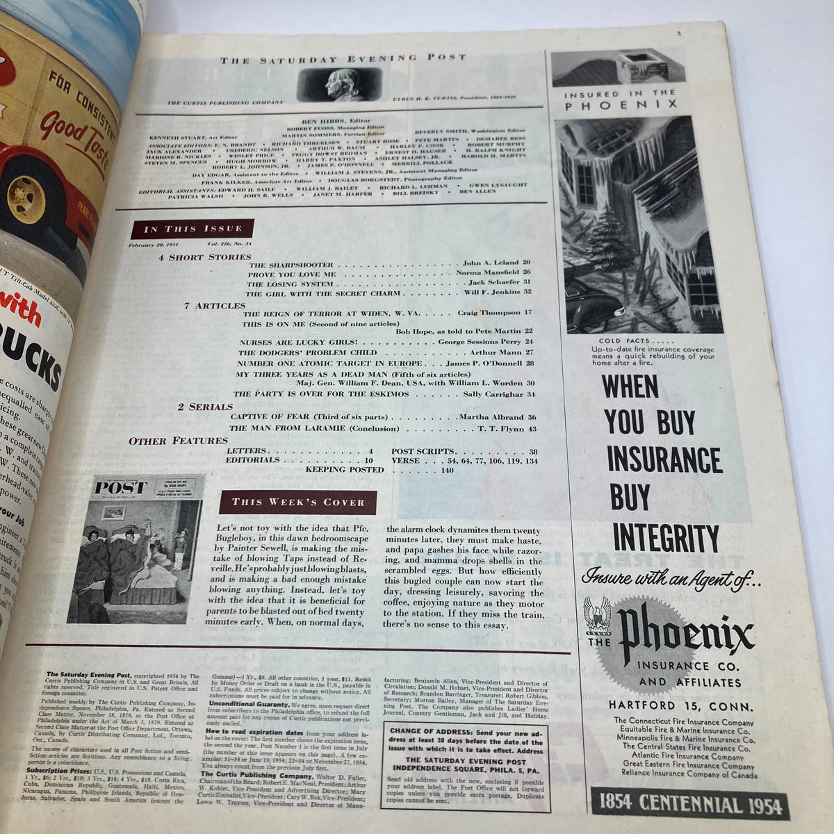 Interior page of the Saturday Evening Post Magazine from February 20, 1954, listing contents including articles, short stories, and features of that edition.