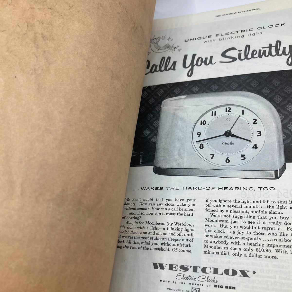Inside page of the Saturday Evening Post Magazine May 1 1954 featuring an advertisement for a unique electric clock by Westclox, designed to wake the hard-of-hearing with a blinking light.