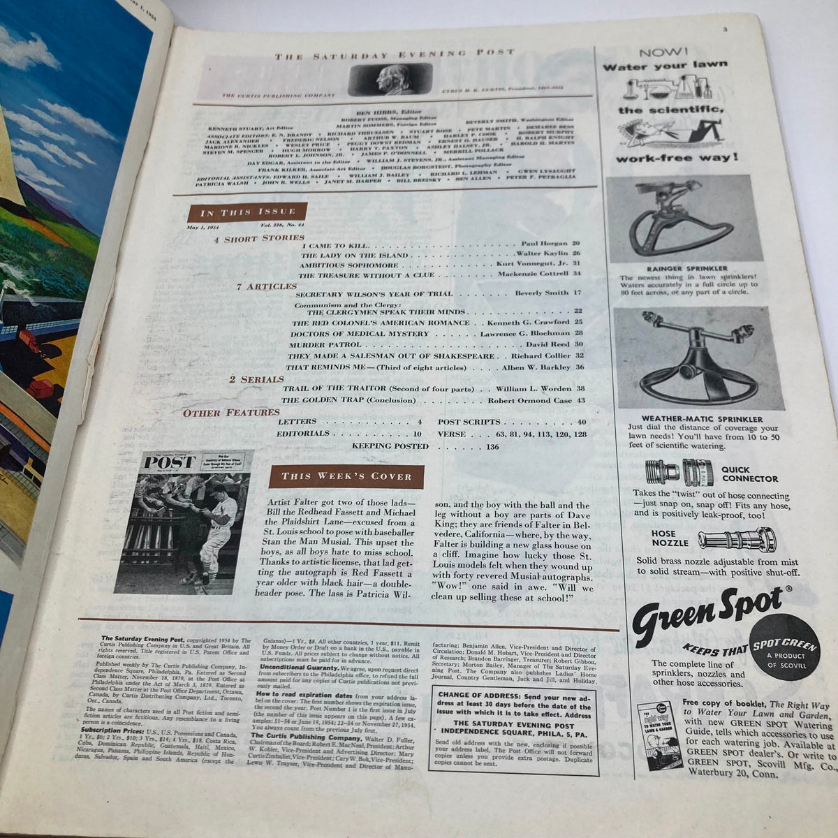Inside page of the Saturday Evening Post Magazine May 1 1954, showcasing tables of contents and advertisements, capturing the charm of mid-20th century America.