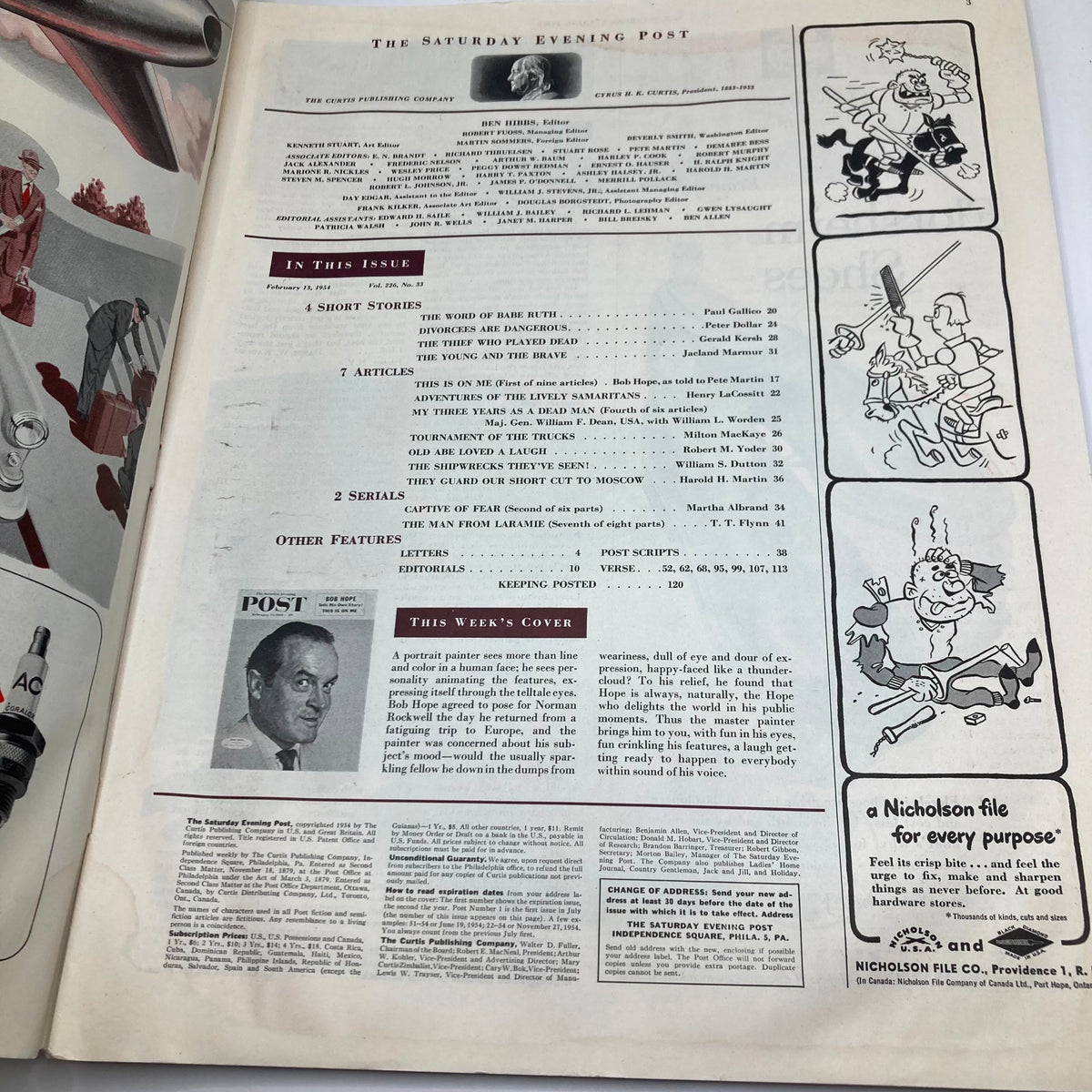 Inside page of Saturday Evening Post Magazine from February 13, 1954, including the contents and articles, with a portrait of Bob Hope featured prominently.