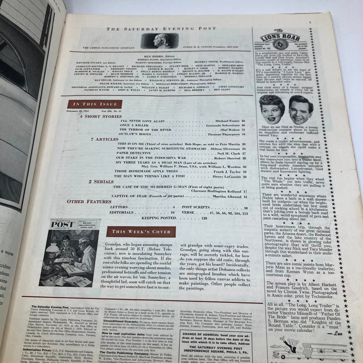 Contents page of the Saturday Evening Post Magazine February 27 1954, listing articles, stories, and features included in this vintage issue.