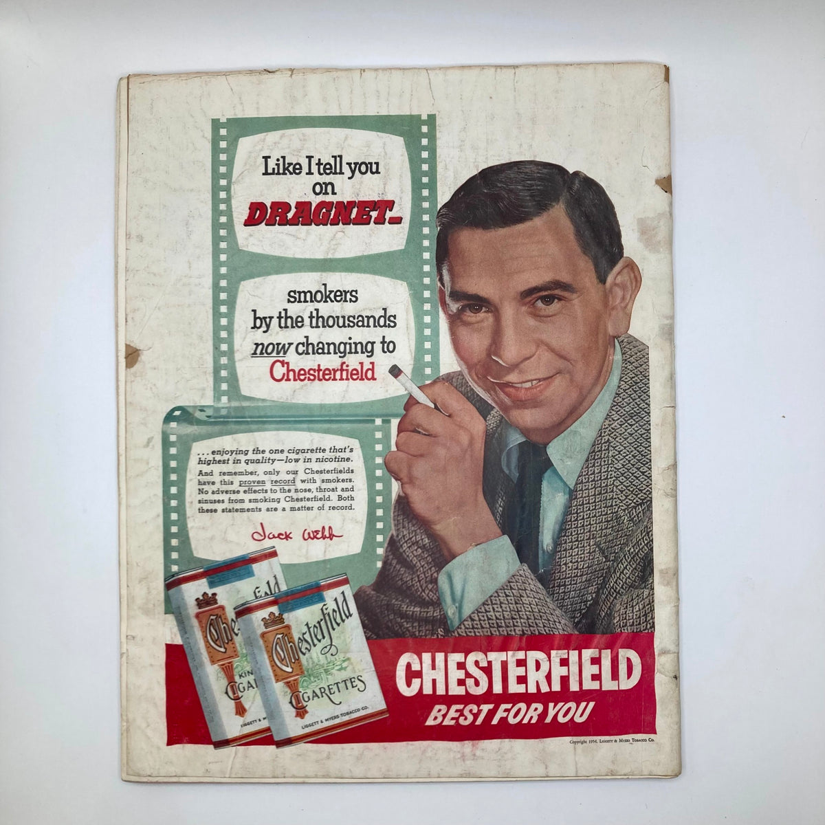 Vintage advertisement for Chesterfield cigarettes featuring actor Jack Webb, promoting its quality; from Saturday Evening Post Magazine February 27 1954.