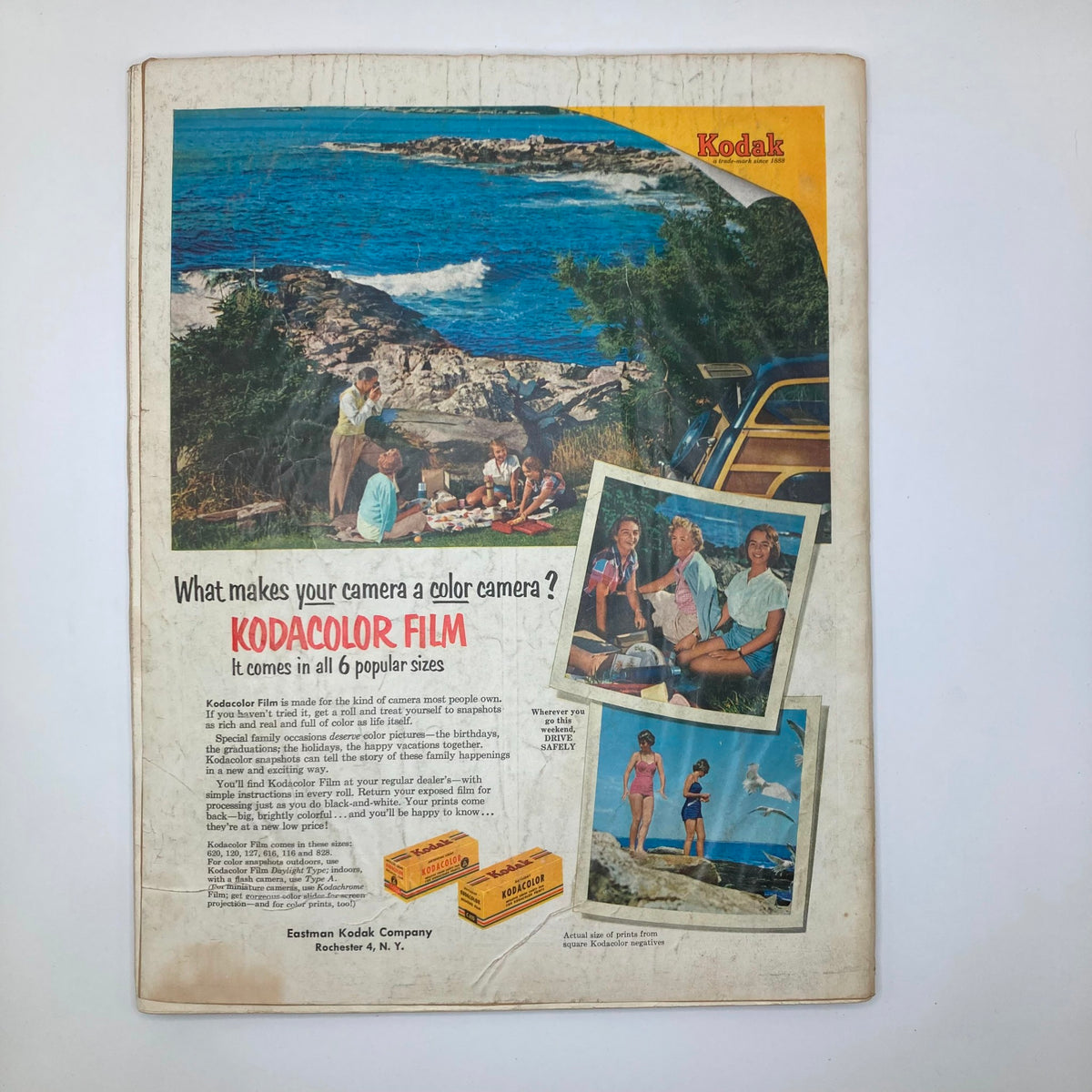 Kodak advertisement showcasing the versatility of Kodacolor Film, featuring a family picnic by the coast with vibrant images, from the Saturday Evening Post Magazine June 5 1954.
