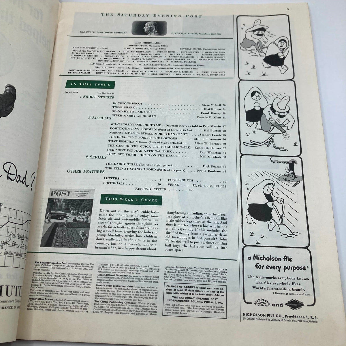Inside page of the Saturday Evening Post Magazine from June 5, 1954, showing the table of contents and various featured articles alongside a fun cartoon on the side.