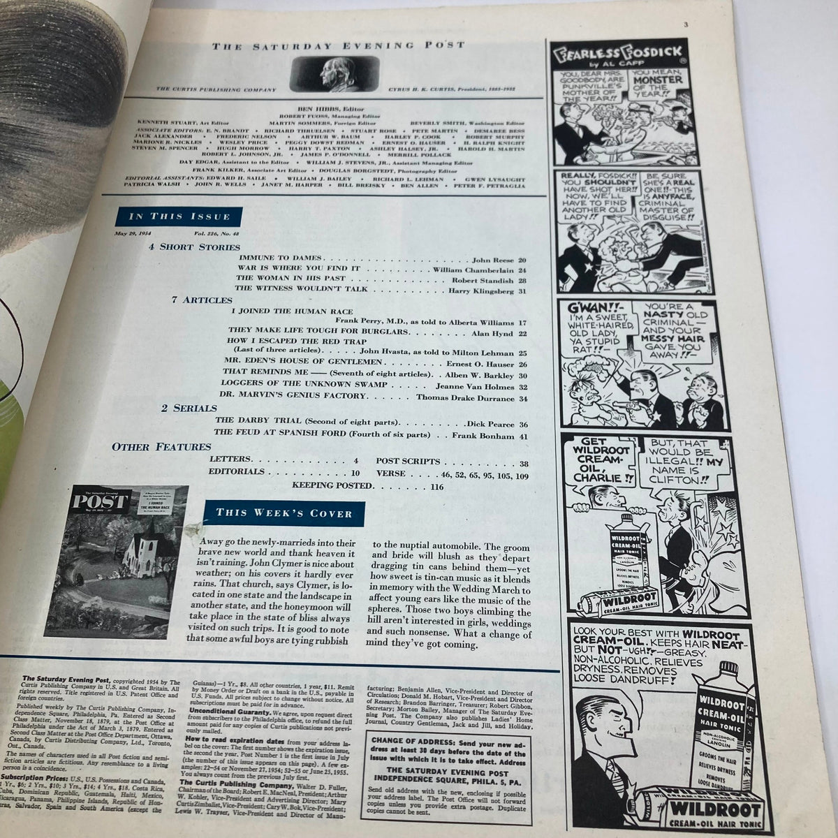 Interior page of Saturday Evening Post Magazine May 29 1954, featuring the contents and articles overview.