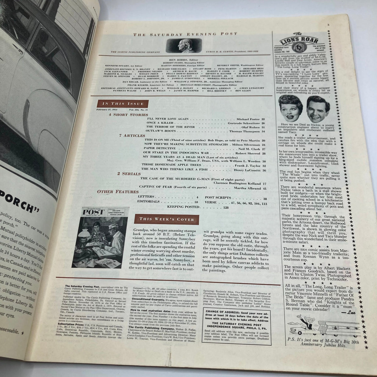 Interior page from Saturday Evening Post Magazine February 27 1954, showcasing articles and features including a list of contents alongside a section on the cover illustration.