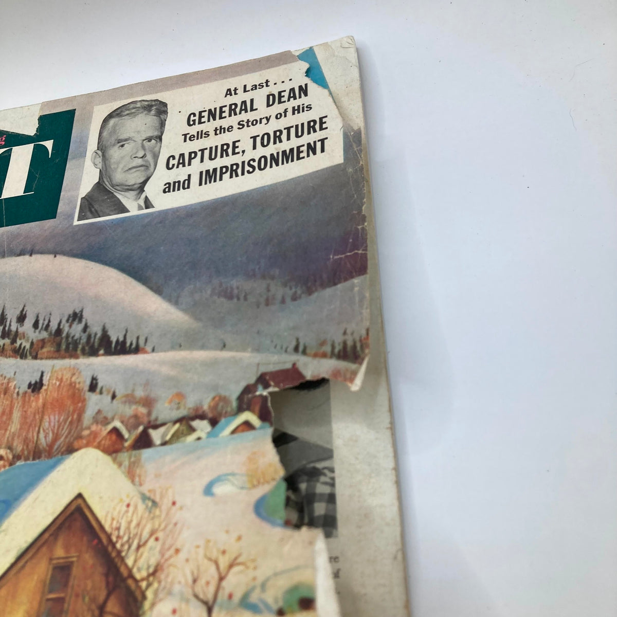 Close-up view of the Saturday Evening Post Magazine from January 23, 1954 showcasing the headline about General Dean's story of capture and torture, with additional vintage artwork details.