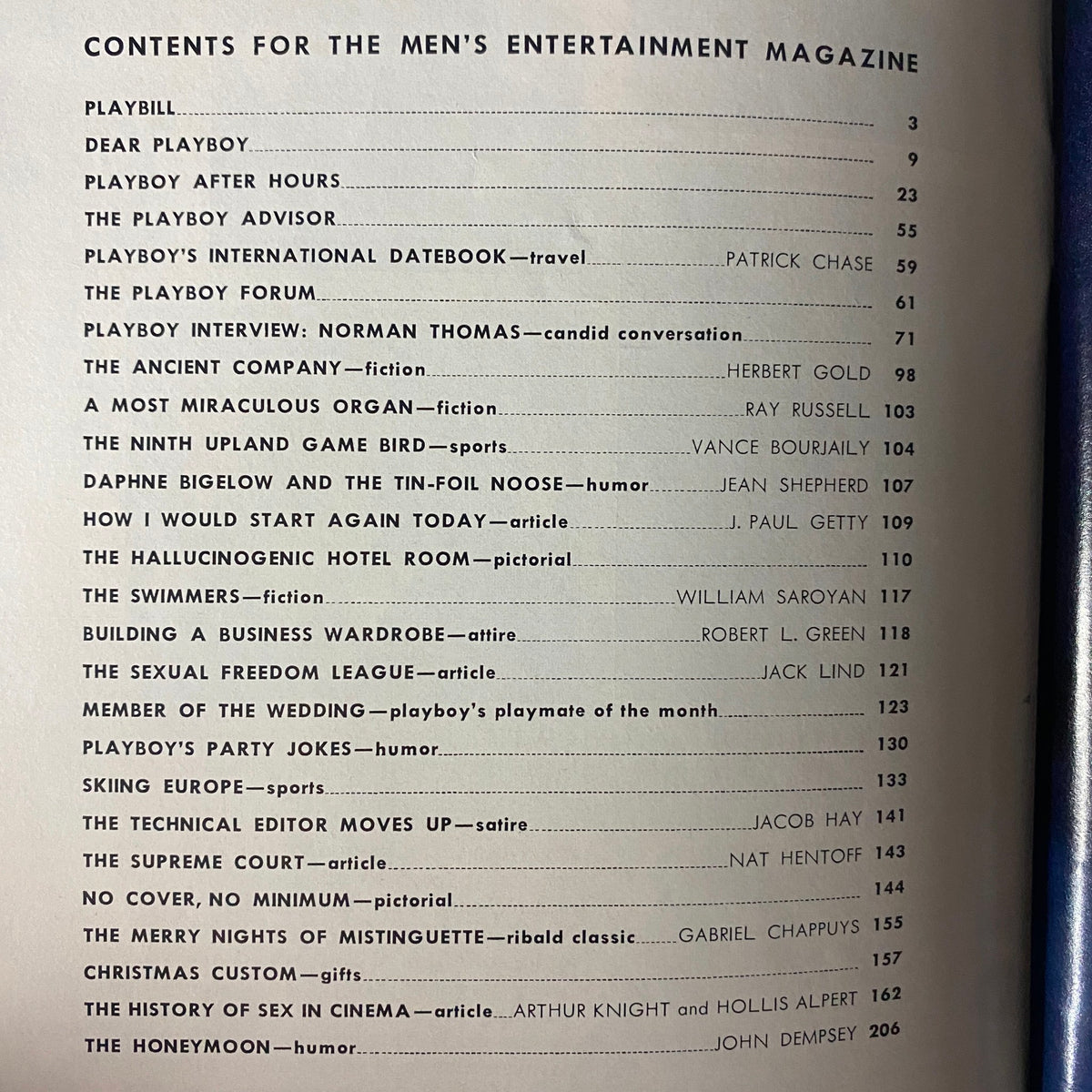 Table of contents from Playboy Magazine November 1966 highlighting featured articles and sections, including the Playboy Interview with Norman Thomas.