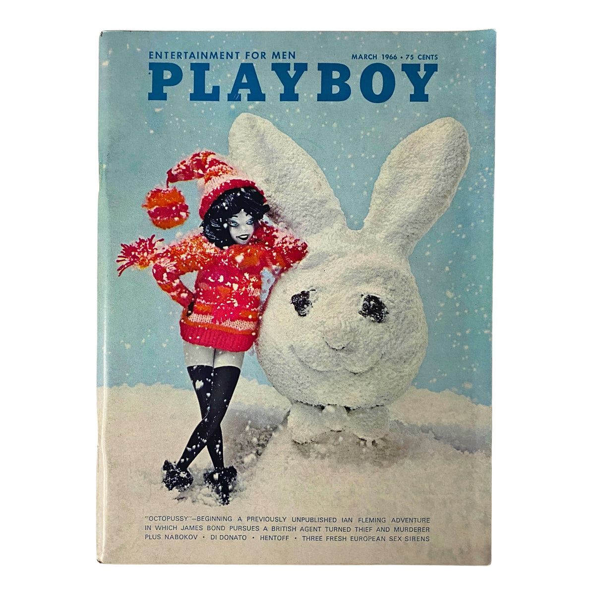 Playboy Magazine March 1966 featuring Playmate Priscilla Wright on the cover with a playful snowman shaped like the Playboy bunny, reflecting the vintage style and cultural essence of the 1960s.