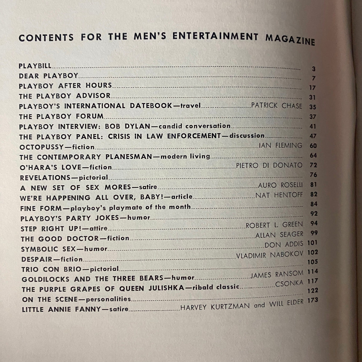 Contents page of Playboy Magazine March 1966 featuring articles including Bob Dylan interview and discussion on Crisis in Law Enforcement.