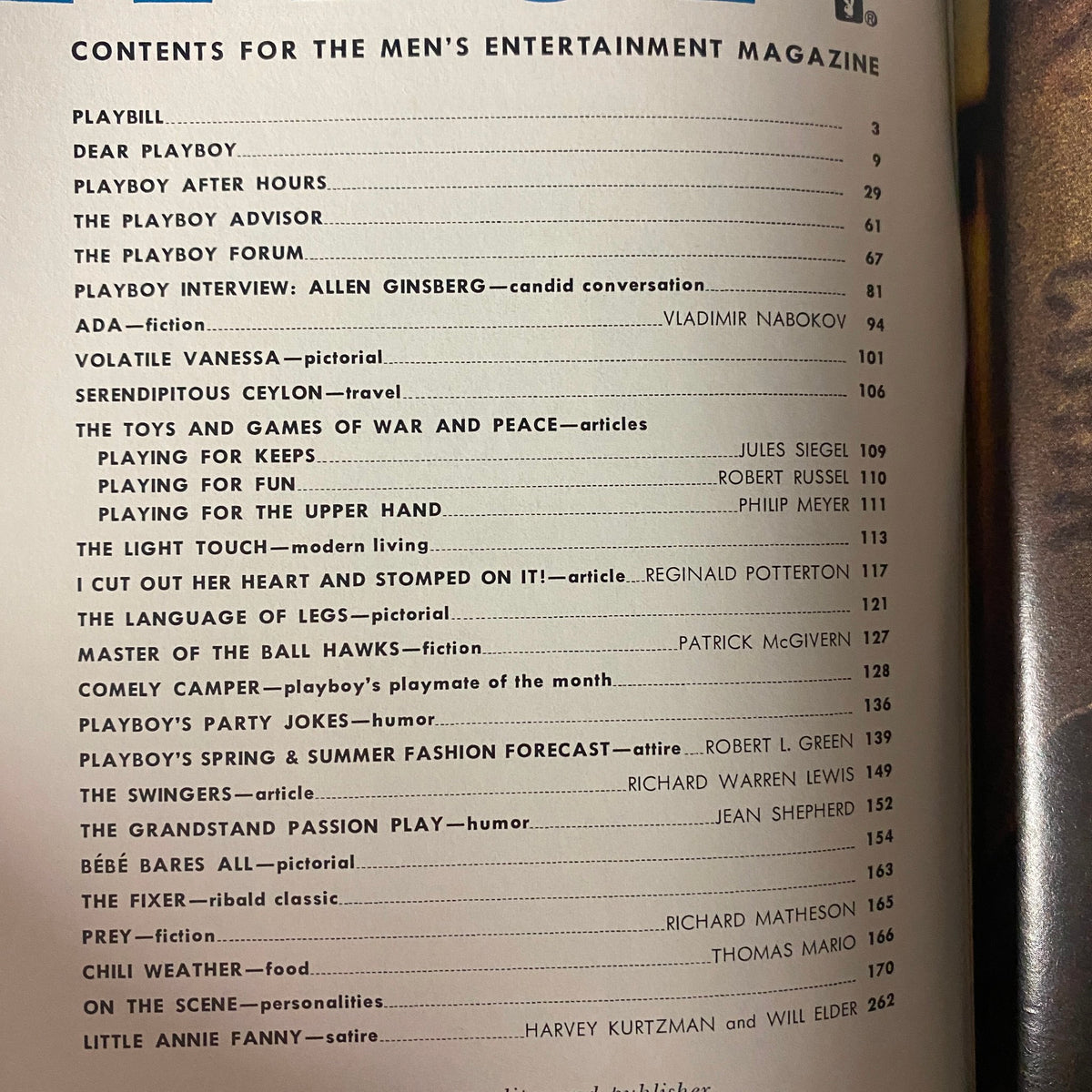 Contents page of Playboy Magazine April 1969, listing featured articles including a candid interview with Allen Ginsberg and fiction from Vladimir Nabokov.