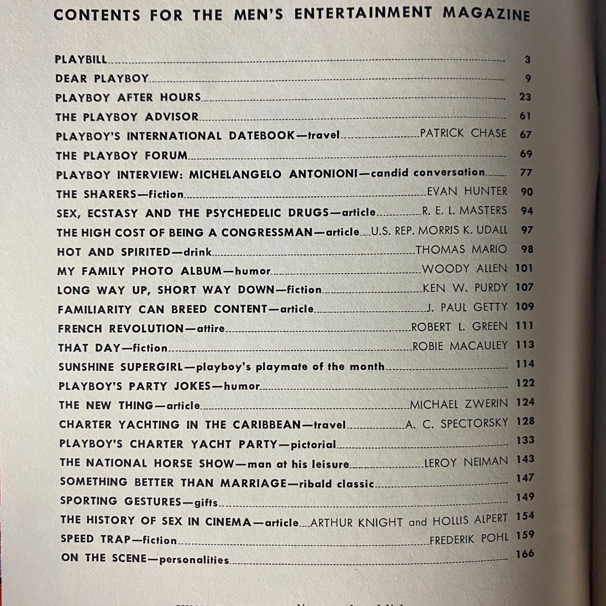 Contents page from Playboy Magazine November 1967, detailing articles including an interview with Michelangelo Antonioni and features on the cultural themes of the era.