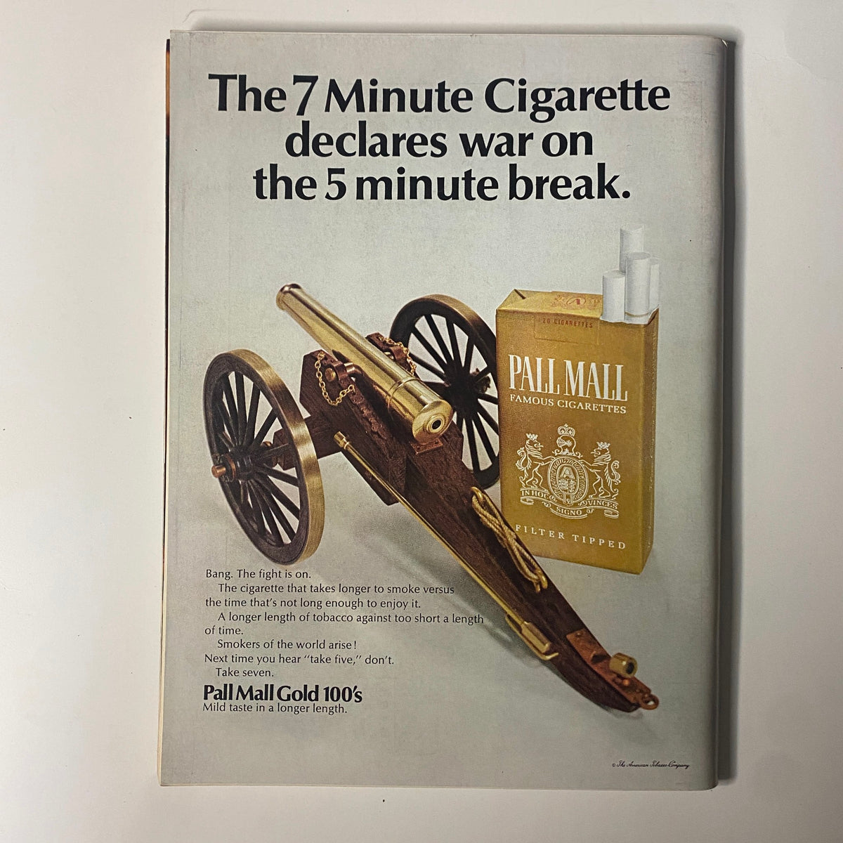 Advertisement page from Playboy Magazine November 1967 for Pall Mall cigarettes, featuring a cannon graphic alongside the brand slogan, illustrating marketing trends of the 1960s.