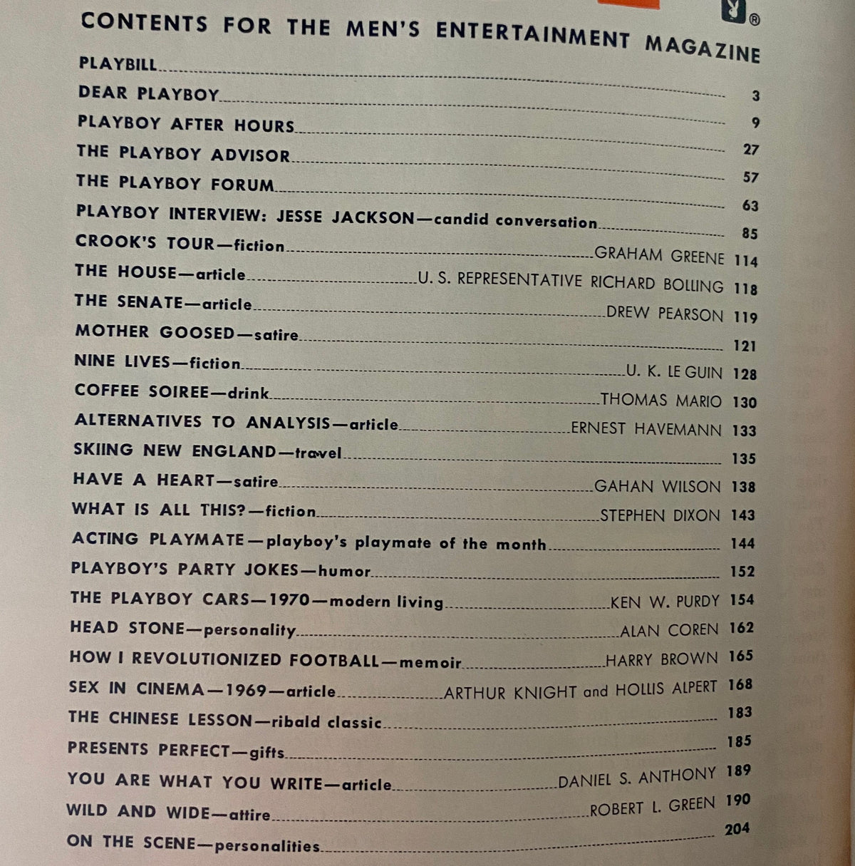 Table of contents for Playboy Magazine November 1969 highlighting notable articles including interview with Jesse Jackson and features on cultural critiques.