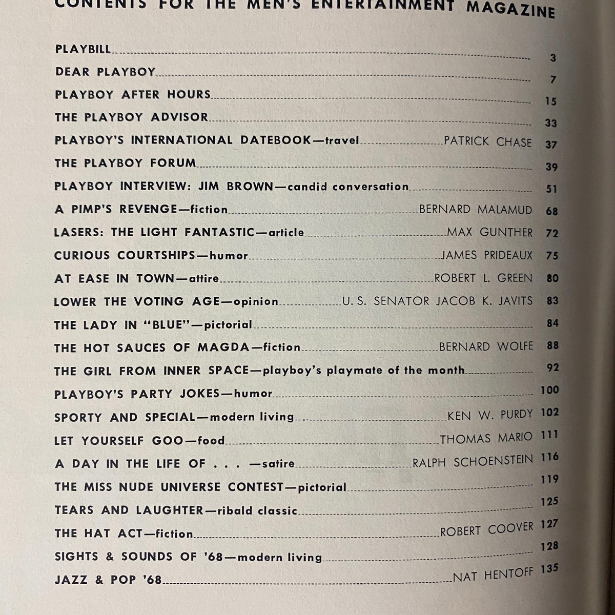 Contents page of Playboy Magazine February 1968 featuring various articles and features, highlighting cultural topics and entertainment, part of the collectible edition featuring Nancy Harwood.