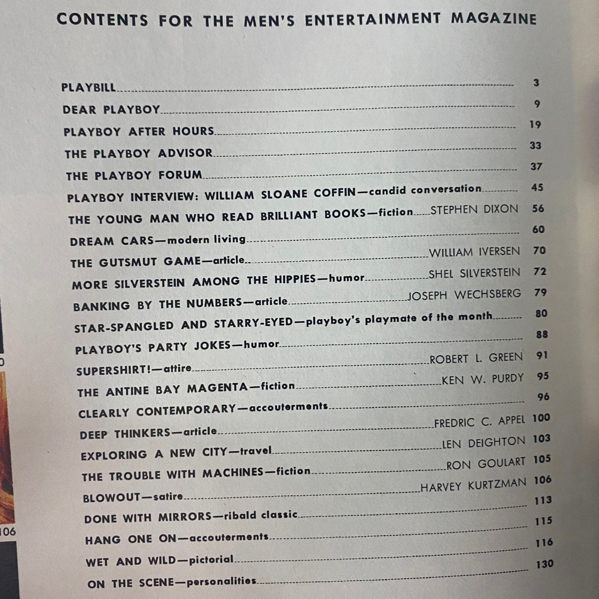 Contents page of Playboy Magazine August 1968, listing articles including an interview with William Sloane Coffin and features related to men's entertainment.