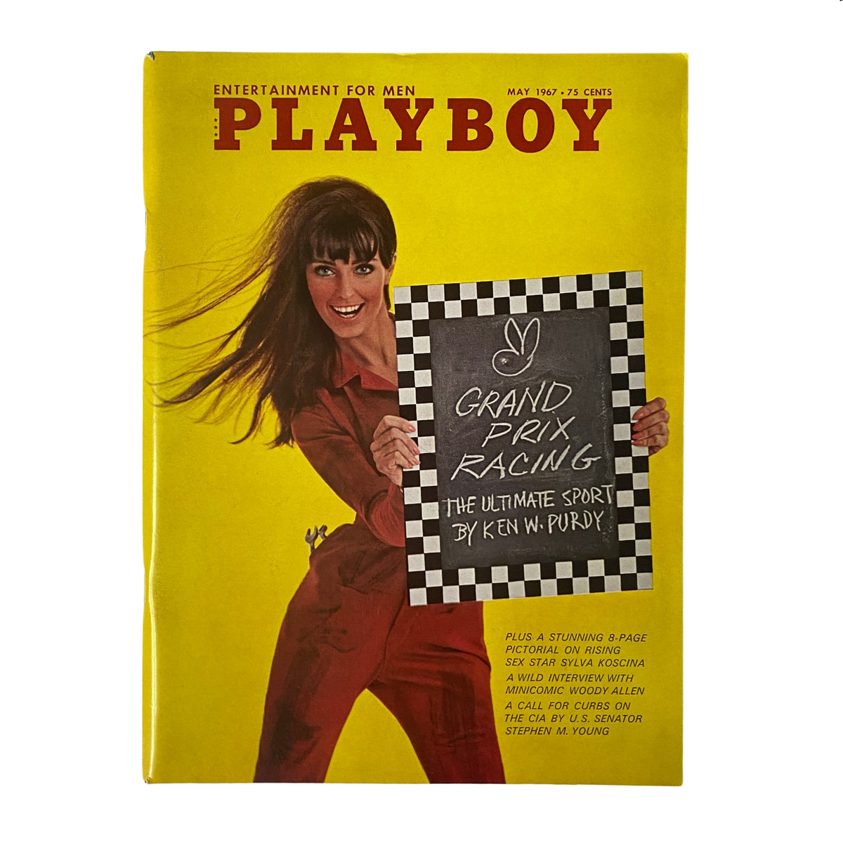 Playboy Magazine May 1967 issue featuring Playmate Anne Randall on the cover, highlighting ‘Grand Prix Racing’ article by Ken W. Purdy, along with a special focus on interviews and photography from the 1960s.