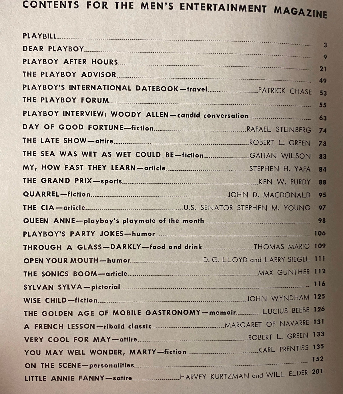 Table of contents for Playboy Magazine May 1967 featuring articles, interviews, and the Playmate of the Month, Anne Randall, from the issue titled 'Playboy Magazine May 1967 Playmate Anne Randall w Centerfold No Label VG'.