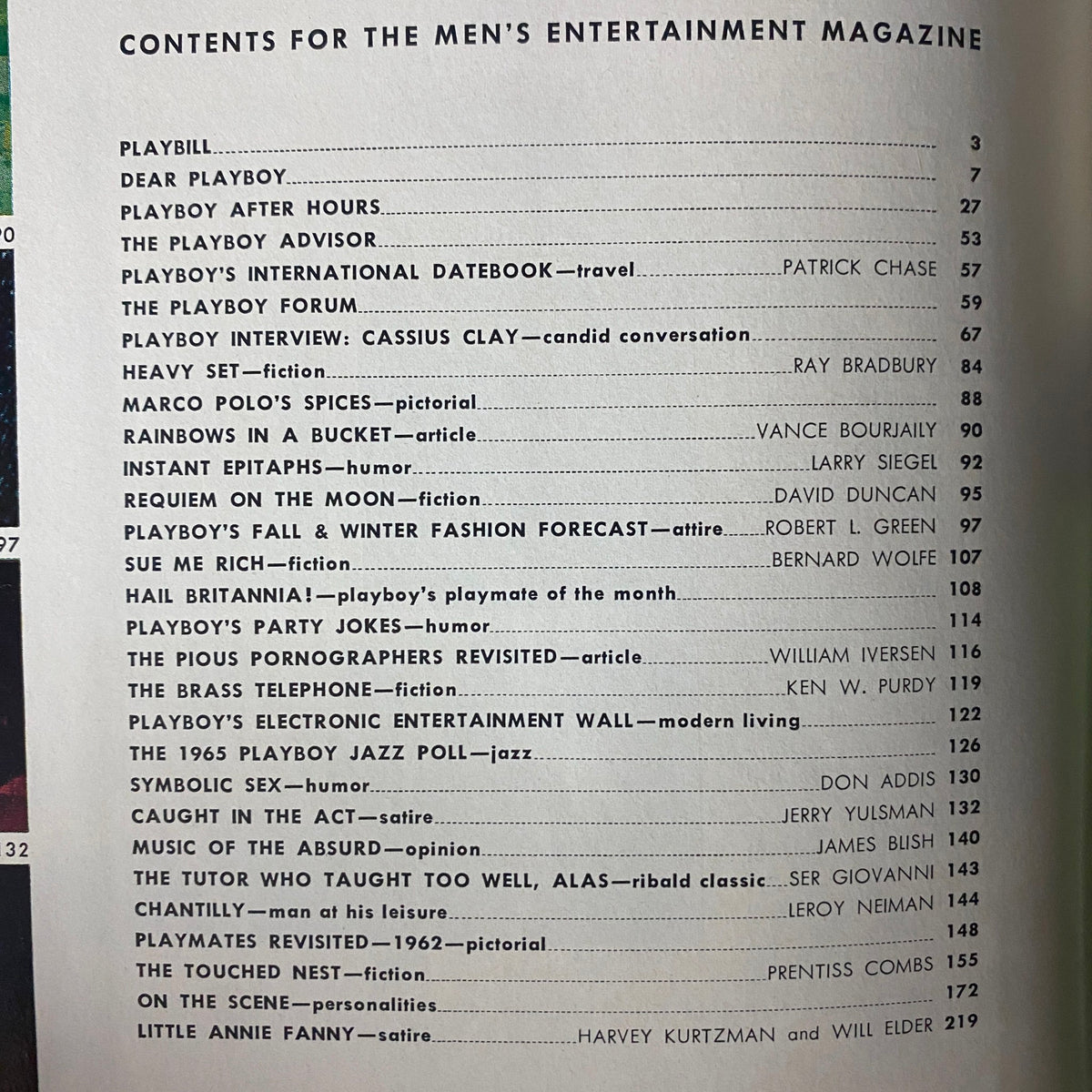 Contents page of Playboy Magazine October 1964 listing articles and features including an interview with Cassius Clay, literary pieces by Ray Bradbury, and fashion insights, showcasing the magazine's focus on entertainment and cultural commentary.