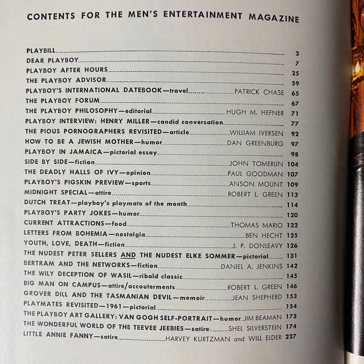 Table of contents page from Playboy Magazine September 1964, listing articles including an editorial by Hugh M. Hefner and an interview with Henry Miller.
