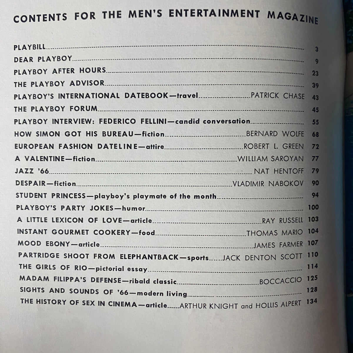 Contents page of Playboy Magazine February 1966 featuring articles, fiction highlights, and the Playmate of the Month section for Melinda Windsor.