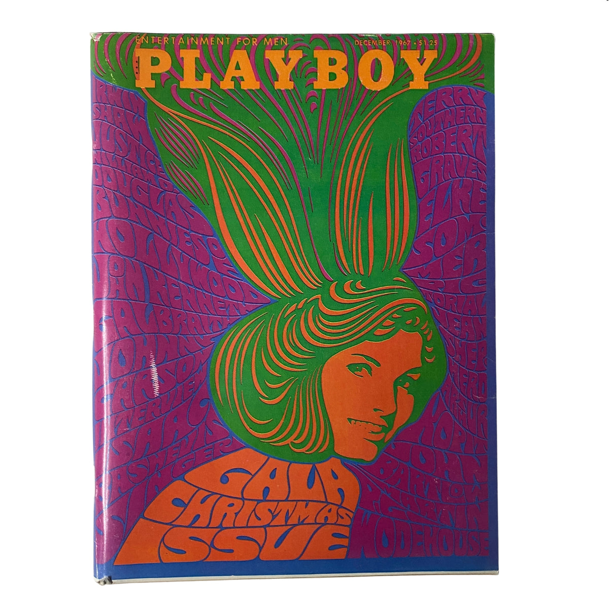 Playboy Magazine December 1967 issue cover featuring Playmate Lynn Winchell, vibrant psychedelic art, and holiday theme.