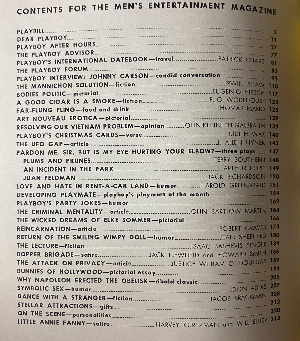 Contents page of Playboy Magazine December 1967, listing articles including Playboy Interview with Johnny Carson and creative fiction highlights.