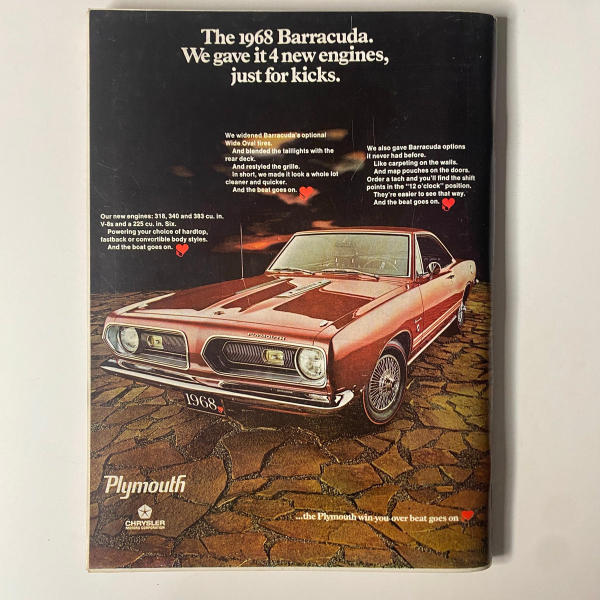 Vintage advertisement for the 1968 Plymouth Barracuda, showcasing the car's new engine options and features.