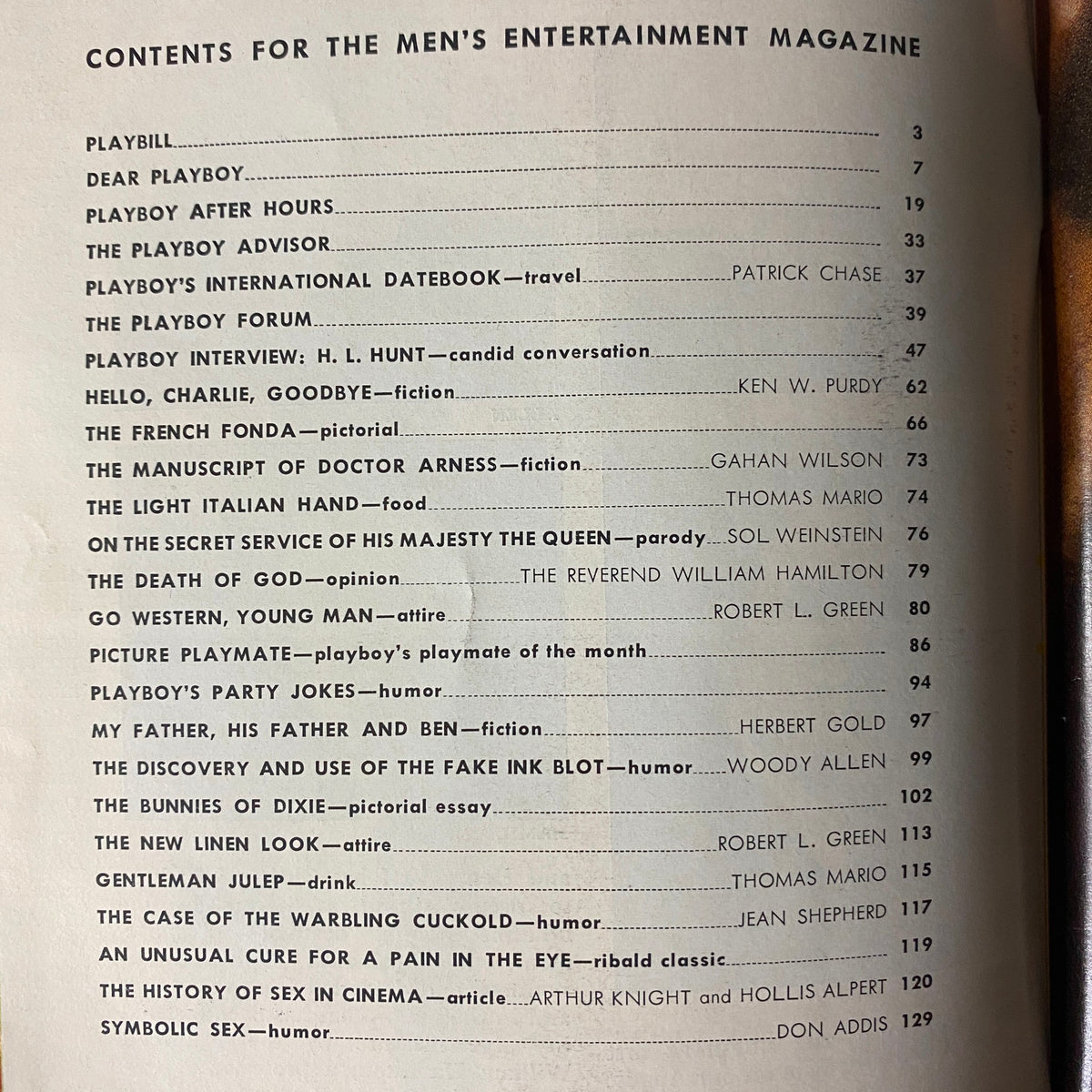 Contents page of Playboy Magazine August 1966, listing articles and features including the Playboy Interview and fiction highlights.