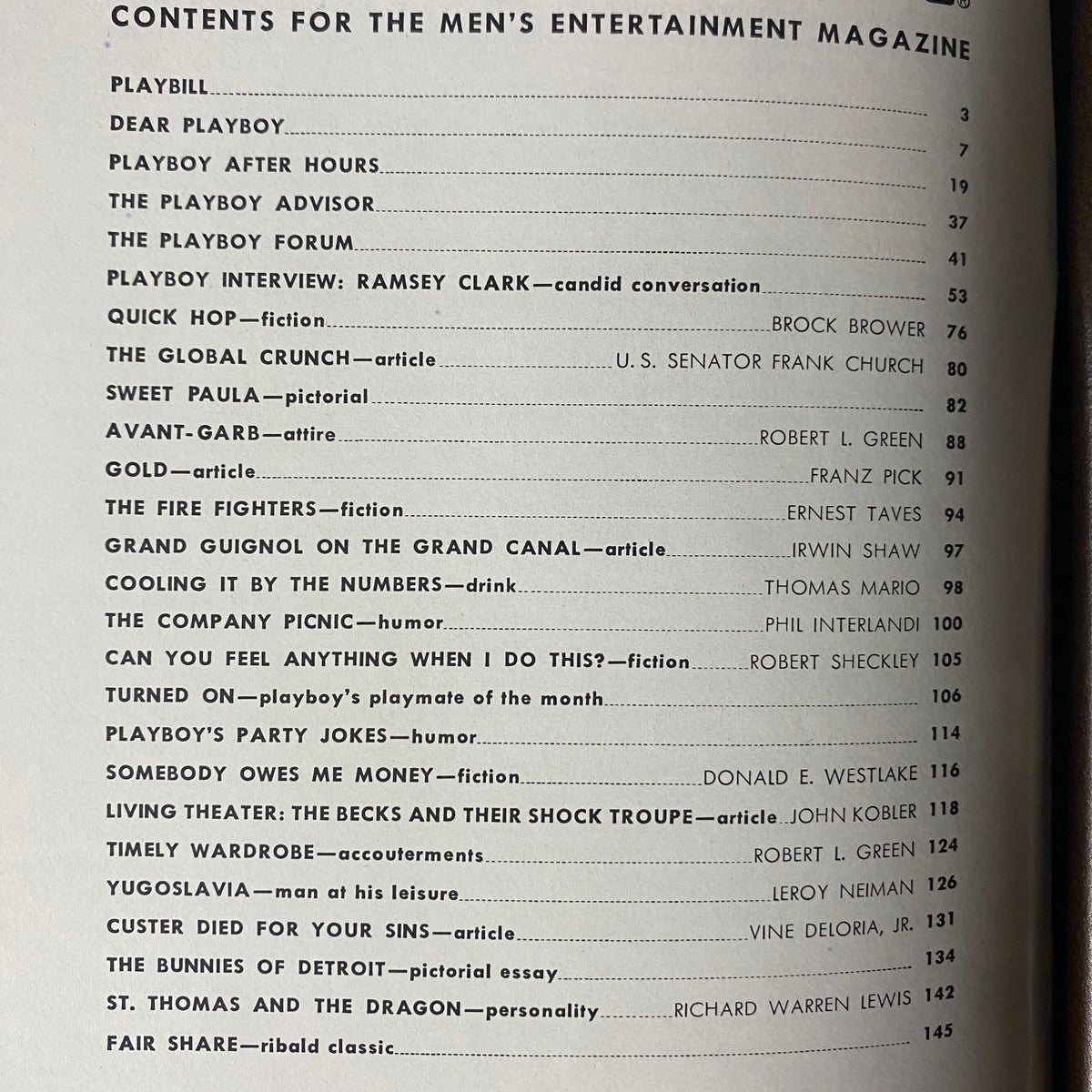 Contents page of Playboy Magazine August 1969 detailing featured articles and fictional works, providing insight into the magazine's literary contributions and cultural commentary.