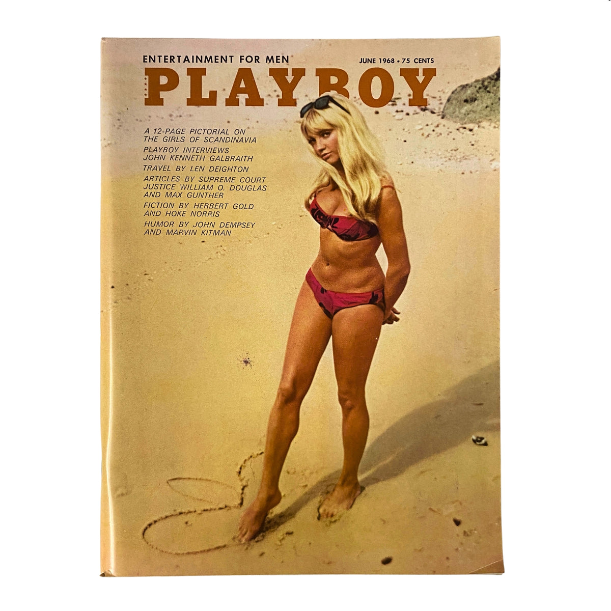 Playboy Magazine June 1968 featuring Britt Fredriksen as Playmate of the Month on the cover, showcasing a vintage design with a model in a pink bikini on a beach.