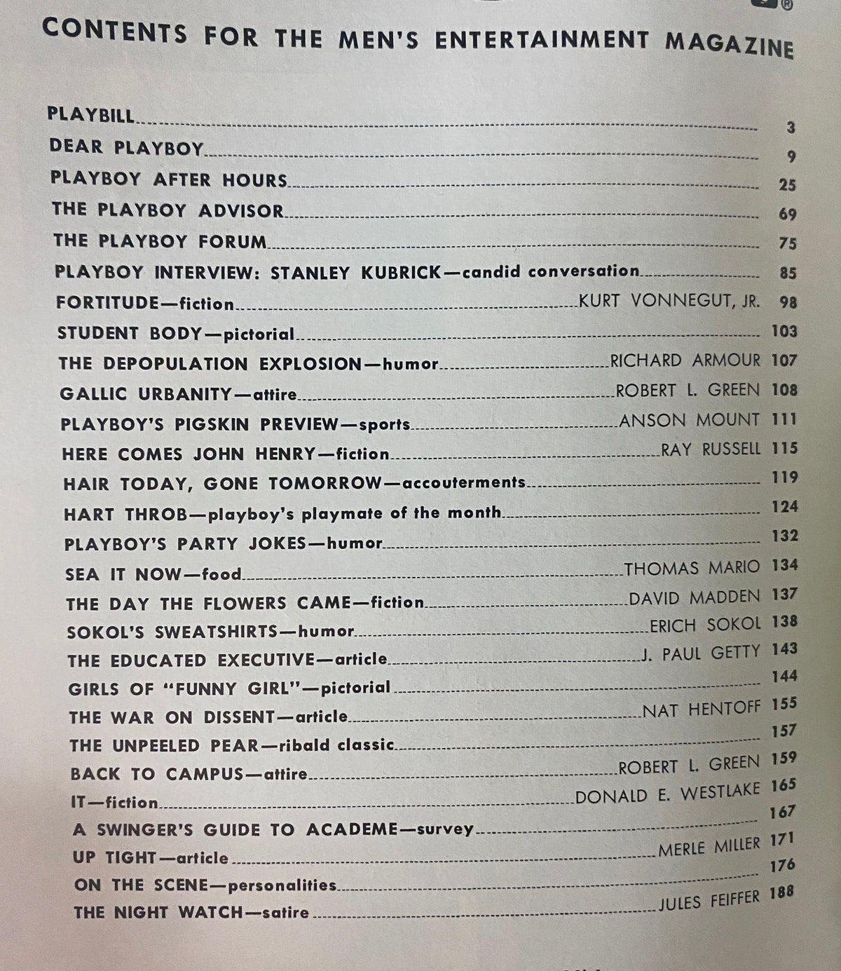 Interior page showing the table of contents for September 1968 Playboy Magazine. Includes notable features such as the interview with Stanley Kubrick and articles reflecting social issues of the time.