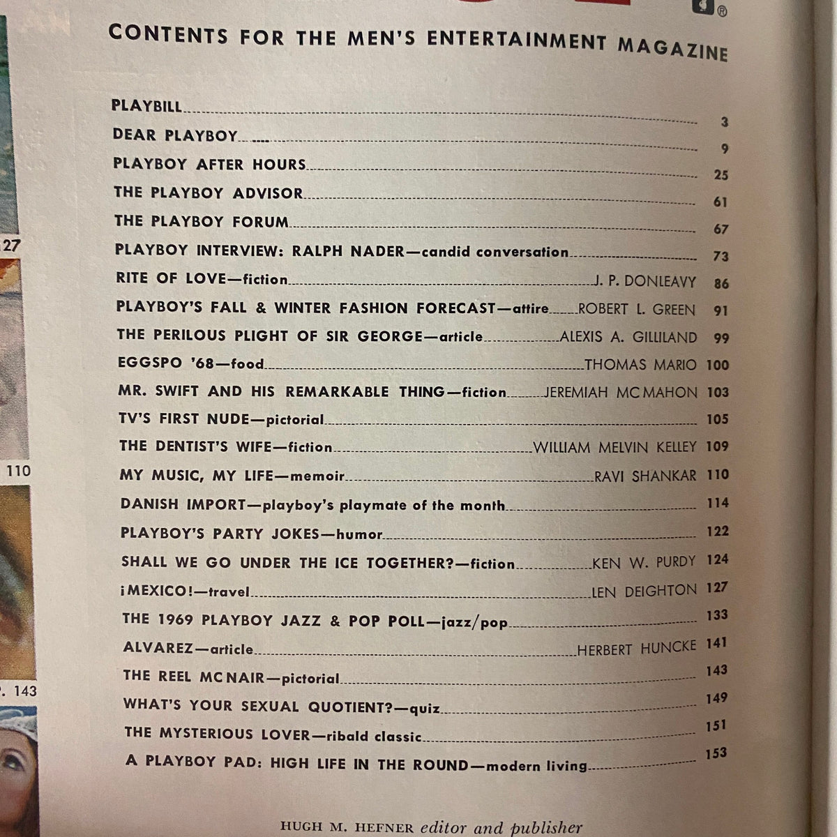 Contents page of Playboy Magazine October 1968, listing articles including an interview with Ralph Nader and featuring Majken Haugedal as Playmate of the Month.