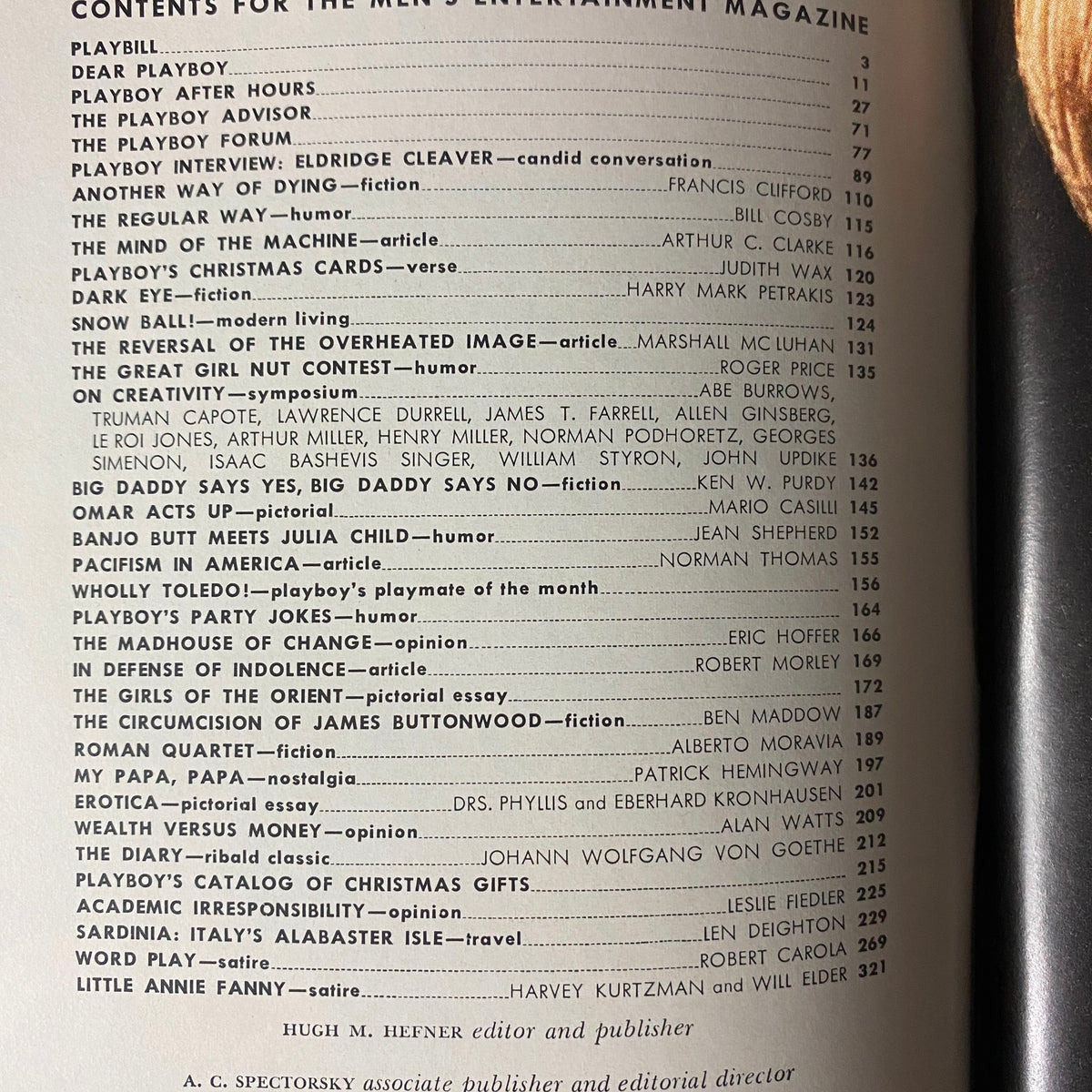Table of contents for Playboy Magazine December 1968, highlighting featured articles and contributors, including the interview with Eldridge Cleaver.