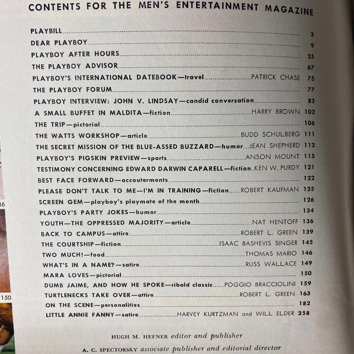 Contents page of Playboy Magazine September 1967, listing articles and features including the Playboy Interview with John V. Lindsay.