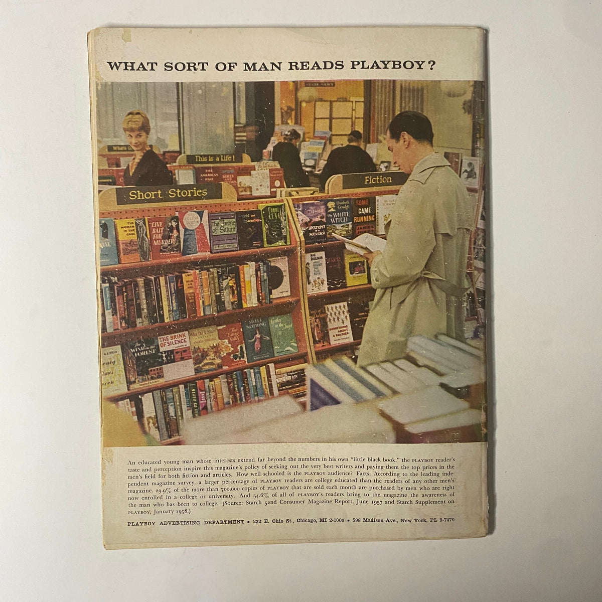 Back cover of Playboy Magazine June 1958 displaying an advertisement with young adults reading in a bookstore setting.