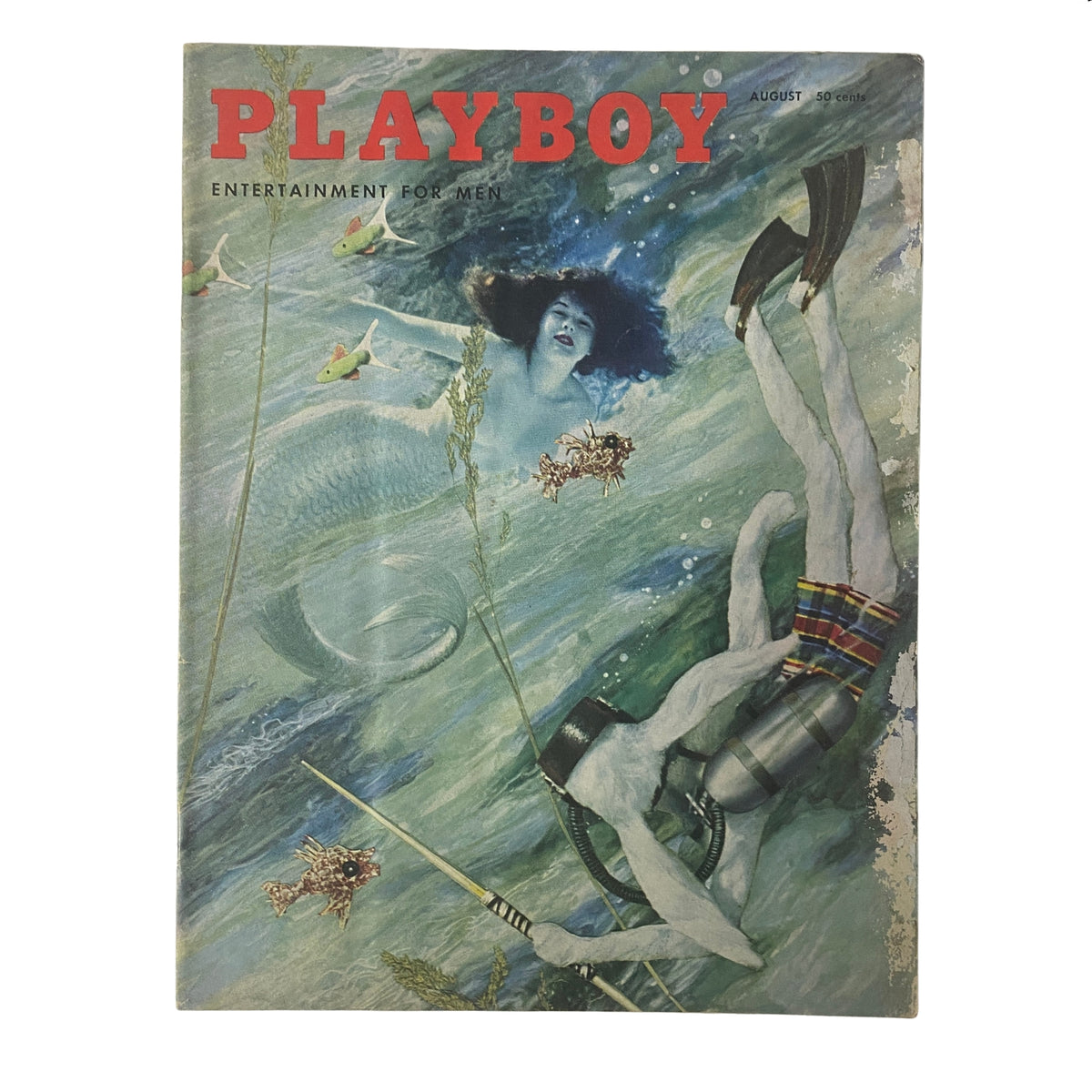 Cover of Playboy Magazine August 1955 featuring underwater artwork with a swimming figure and sea creatures, showcasing the Playmate of the Month, Pat Lawler, making it a collectible iconic issue.