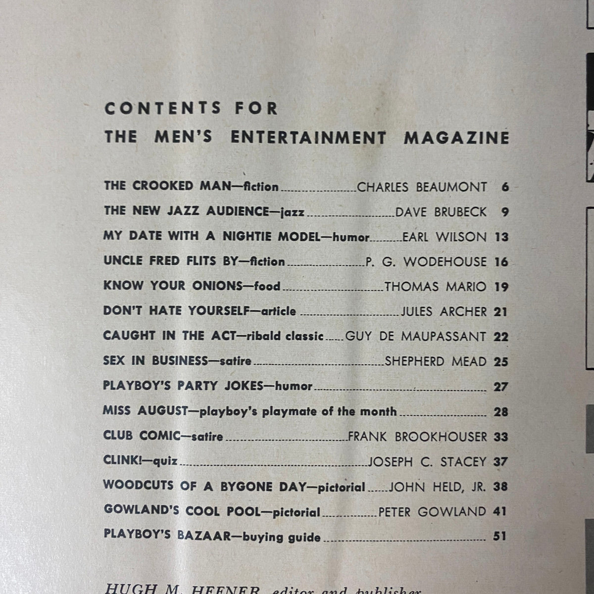 Playboy Magazine August 1955 showing the table of contents, outlining the features of this vintage men's entertainment publication.