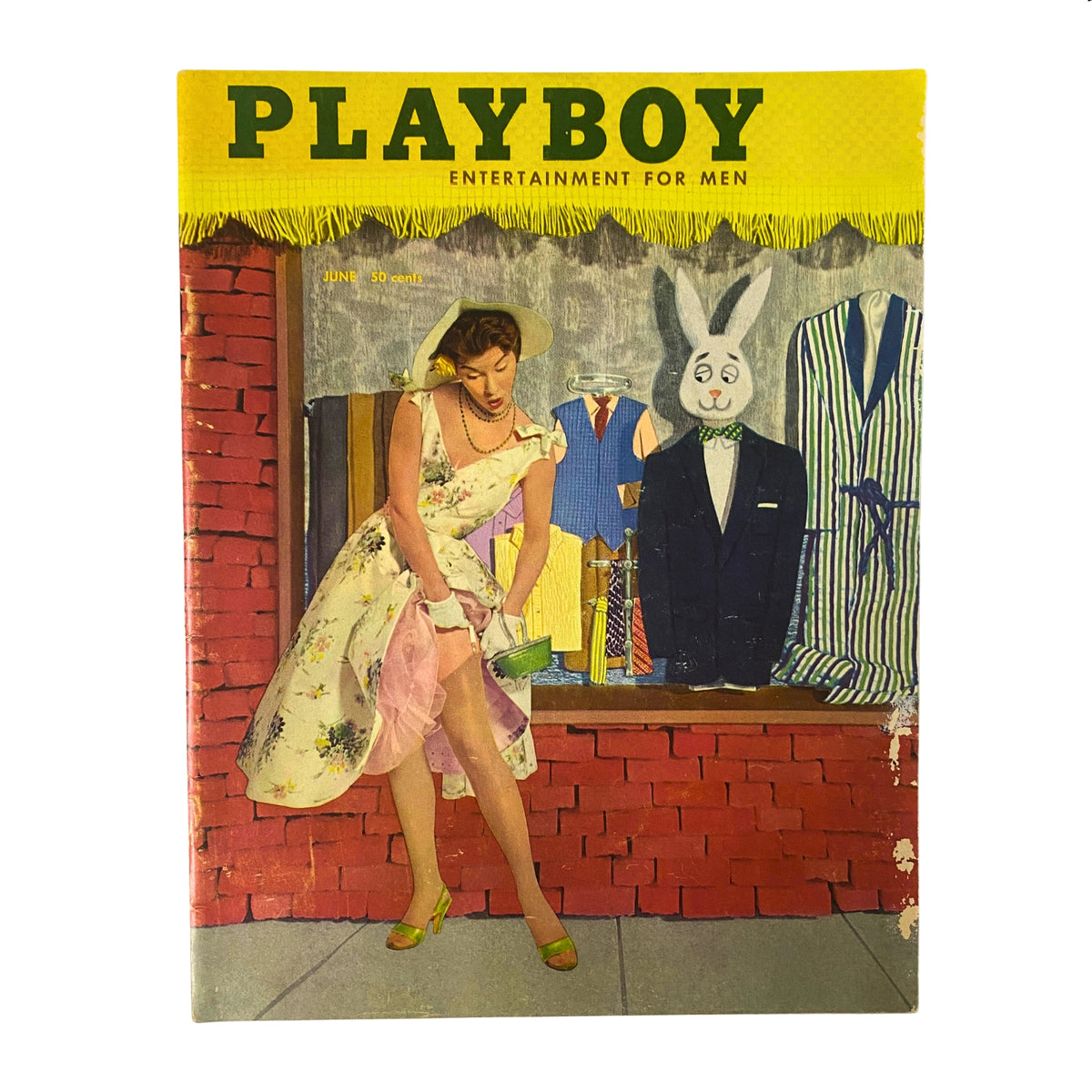 Cover of Playboy Magazine June 1955 featuring Playmate Eve Meyer, displaying vibrant colors and vintage fashion in a nostalgic setting.