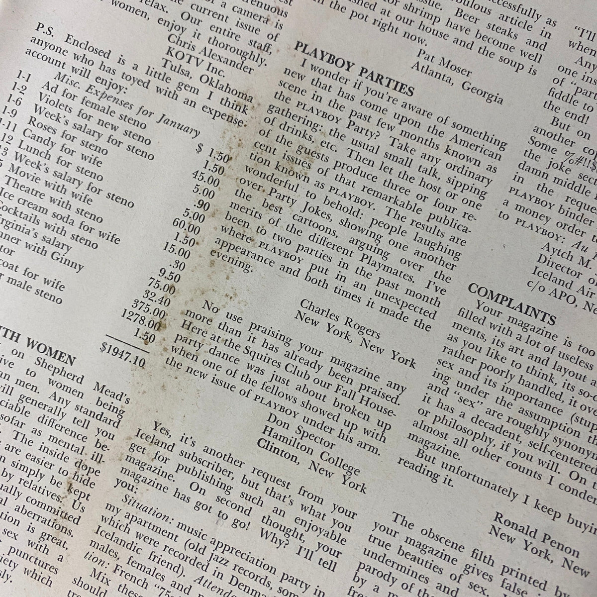 Inside page of Playboy Magazine February 1956, showcasing text related to 'Playboy Parties' and subscriber comments. The page exhibits signs of water damage, emphasizing the magazine's vintage status.