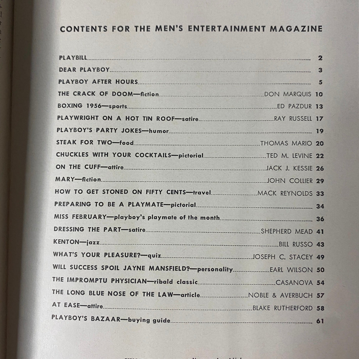 Table of contents from Playboy Magazine February 1956 detailing featured articles and topics, including fiction, humor, and pictorials. This page reflects the magazine's diverse content aimed at male readers during the 1950s.