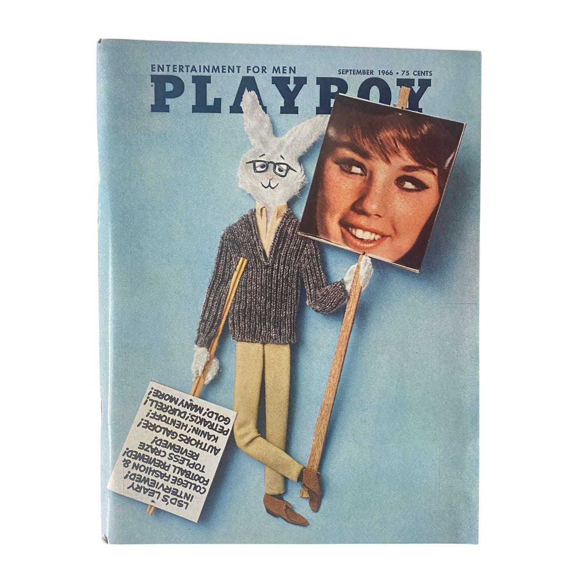 Cover of Playboy Magazine September 1966 featuring Dianne Chandler with a whimsical illustration of a rabbit holding a sign. Vintage pop culture collectible.