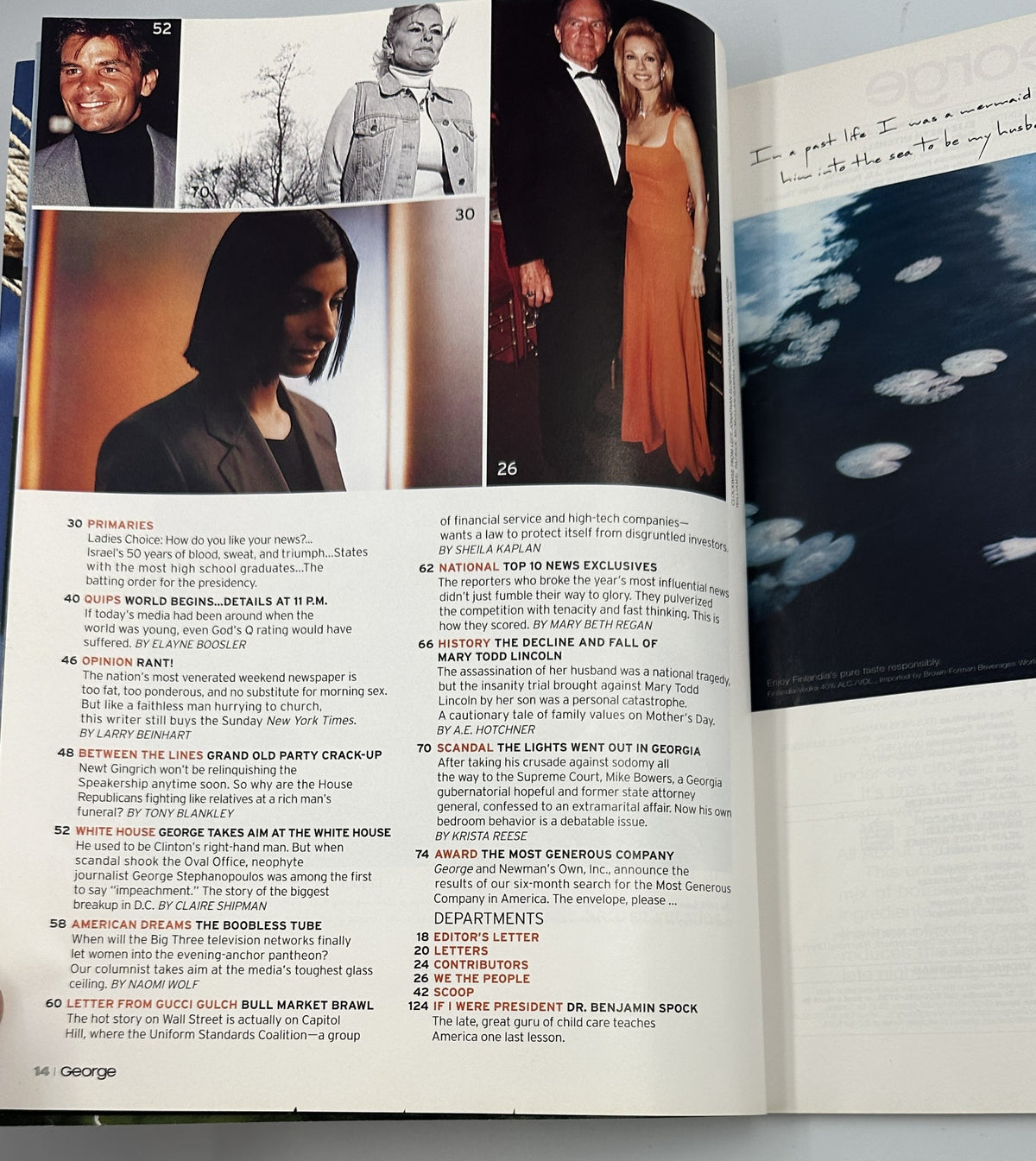 Inside page of George Magazine May 1998 featuring various articles and images, including a photo spread related to the political climate and social commentary.