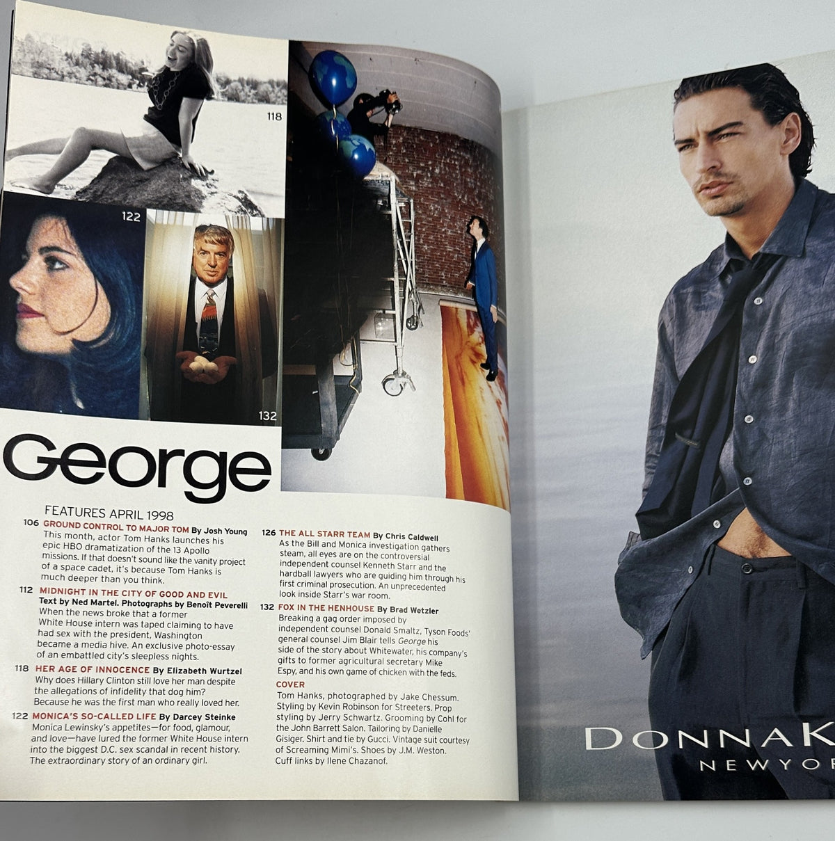 A magazine spread featuring highlights from George Magazine April 1998. Images of celebrities including Tom Hanks and Monica Lewinsky, along with related article titles such as 'The All Starr Team.' Perfect for collectors of vintage magazines.