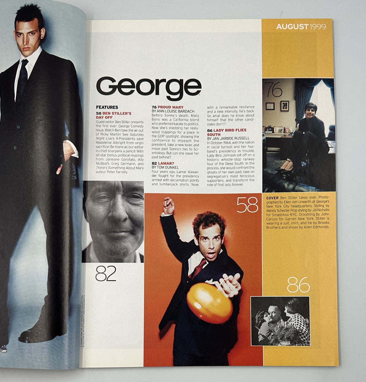 Inside page of George Magazine August 1999 showcasing features including Ben Stiller's Day Off, Proud Mary by Ann Louise Bardach, and Lady Bird Flies South.
