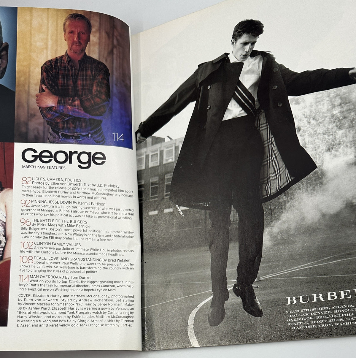 Inside spread of George Magazine March 1999 showcasing articles including 'Lights, Camera, Politics!' and 'Pinning Jesse Down', along with a portrait of a man in a stylish coat.